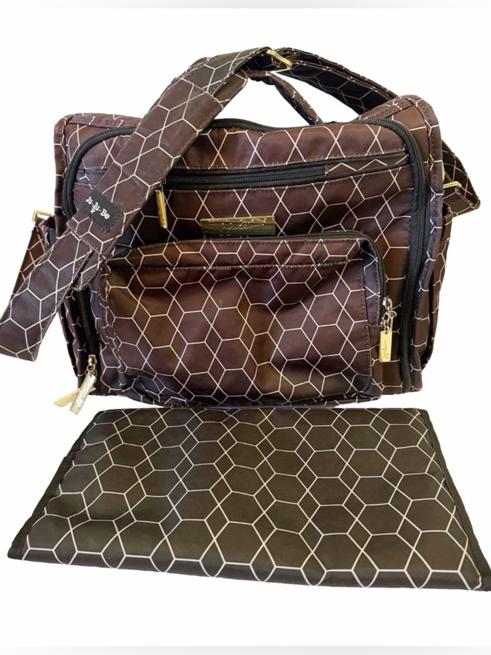 JuJuBe BFF Baby Diaper Bag Brown Geometric Design Tote Changing Mat Travel